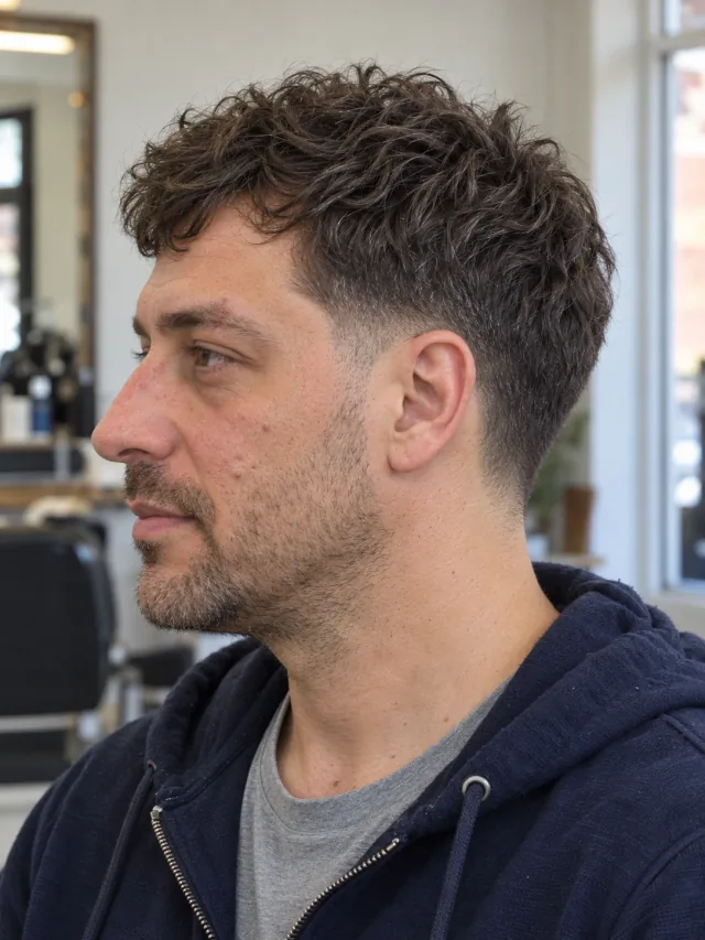 AI concept: short wavy crop with a low taper, left-side view.