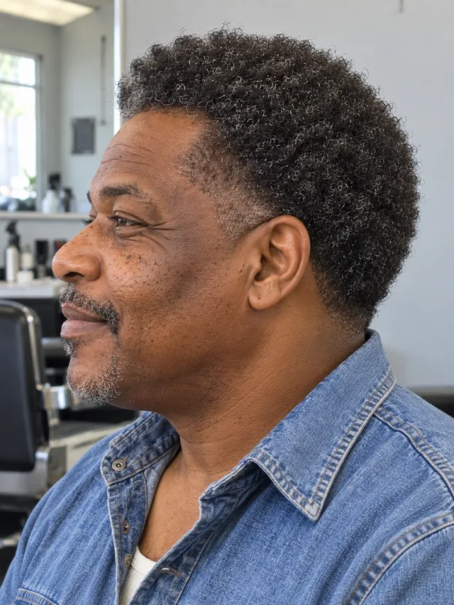 AI concept: short rounded coily Afro with a low taper, left-side view.