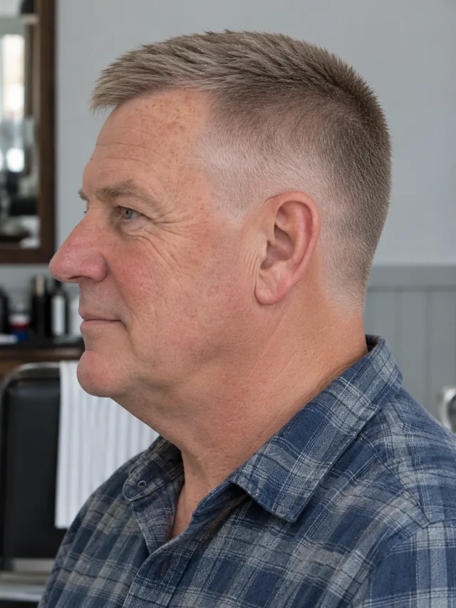 AI concept: short straight crew cut with a low taper, left-side view.