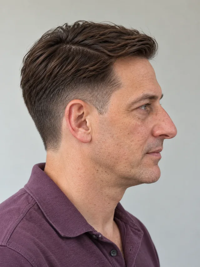 AI concept: defined straight side part with a mid taper, left-side angled view.
