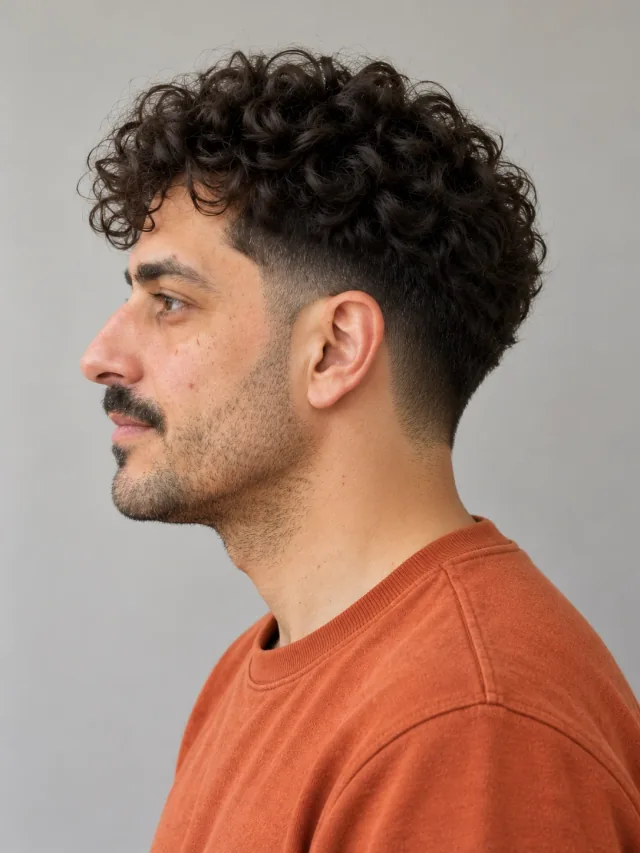 AI concept: loose curly fringe with a mid taper, left-side view.