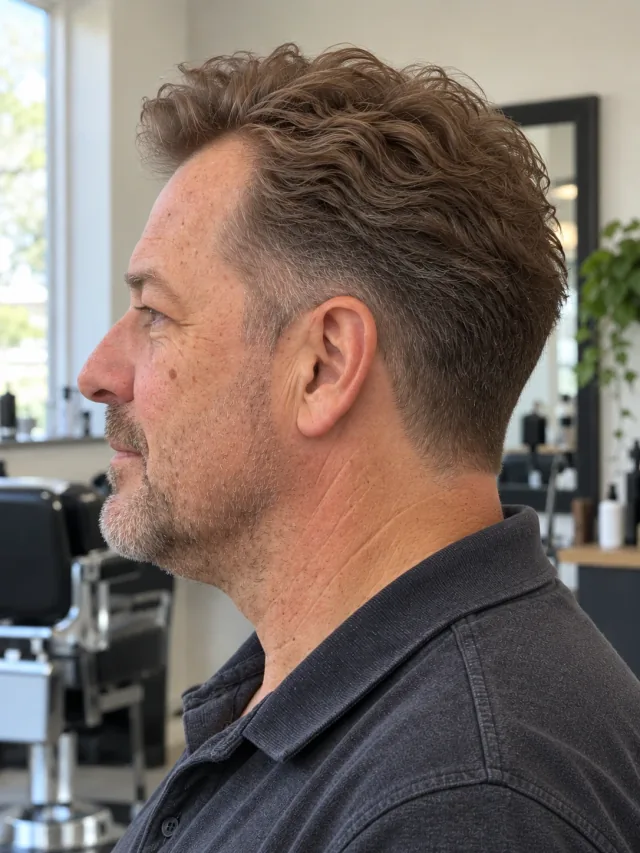 AI concept: loose wavy quiff with a mid taper, left-side view.