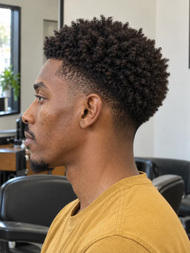 AI concept: compact defined coily top with a mid taper, left-side view.
