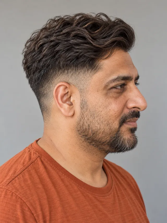 AI concept: loose wavy pompadour with a high taper, left-side angled view.