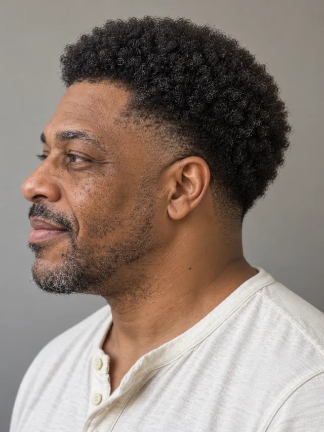 AI concept: rounded salt-and-pepper coily Afro with a high taper, left-side angled view.