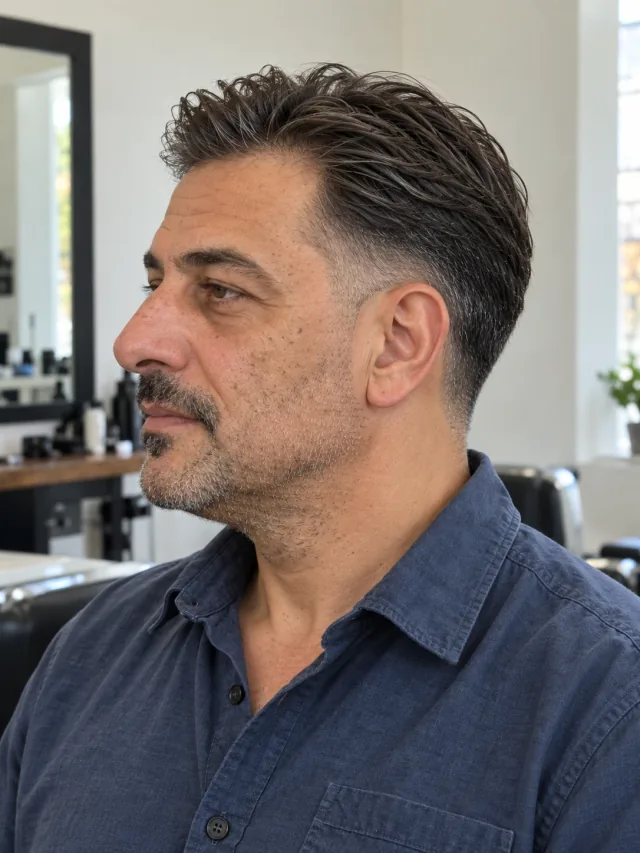 AI concept: silver-stranded straight brushed-back top with a high taper, left-side view.