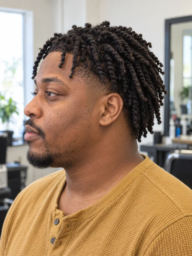 AI concept: long coily twist top with a high taper, left-side view.