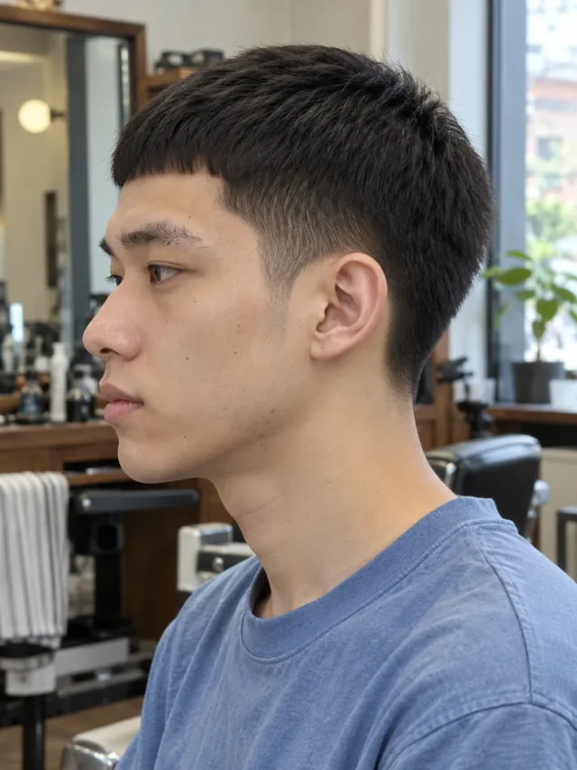 AI haircut concept: low taper with a micro caesar fringe, young adult left-side reference.