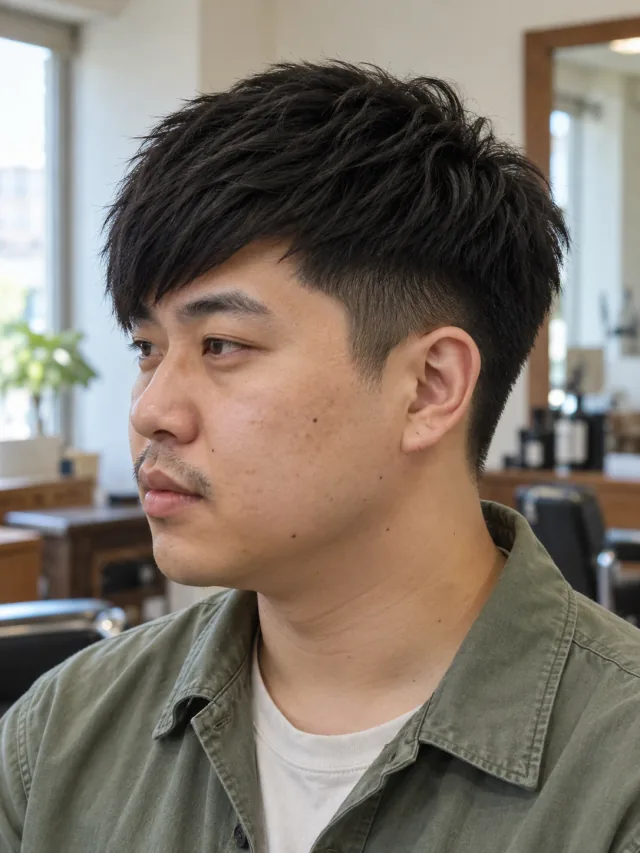 AI haircut concept: mid taper with a diagonal fringe, left-side angled view.