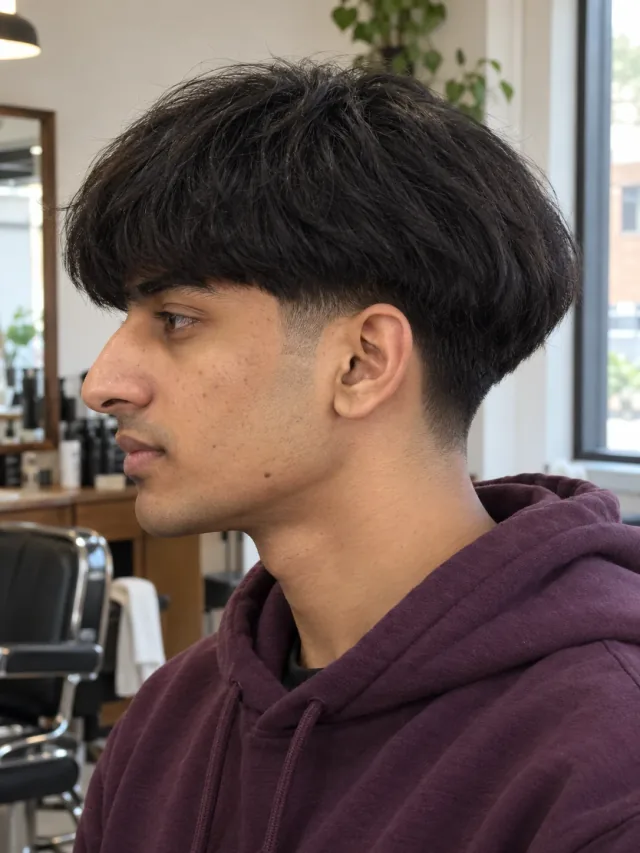 AI haircut concept: low taper with a rounded bowl outline, young adult left-side reference.
