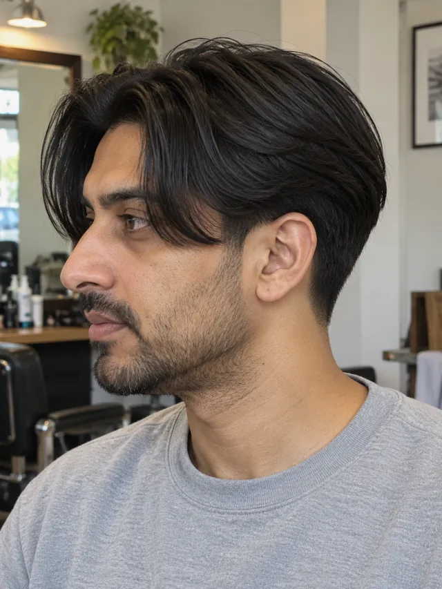 AI haircut concept: low taper with long parted curtains, left-side angled view.