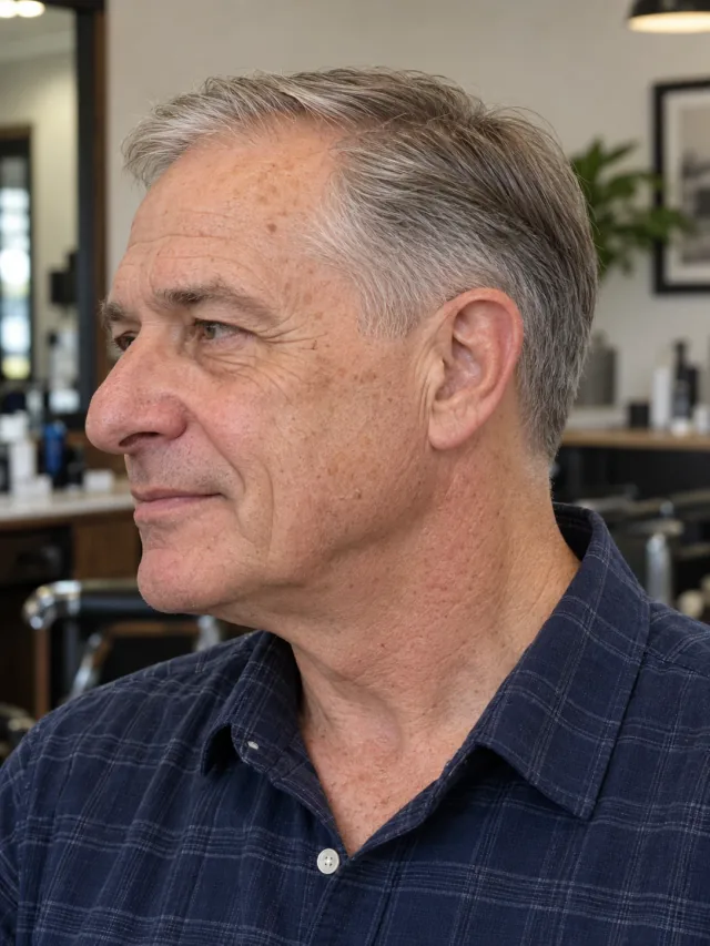 AI haircut concept: low taper with a fine combed side sweep, left-side angled view.