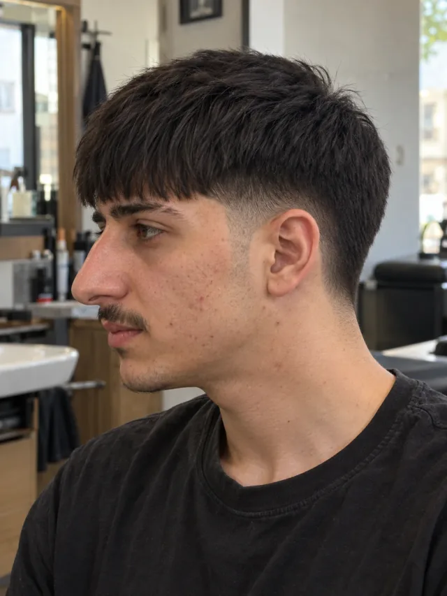 AI haircut concept: mid taper with a long french fringe, left-side angled view.