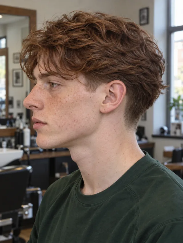 AI haircut concept: low taper with a layered wavy shag, young adult left-side reference.