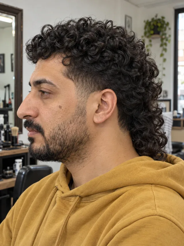 AI haircut concept: mid taper with a curly mullet, left-side angled view.
