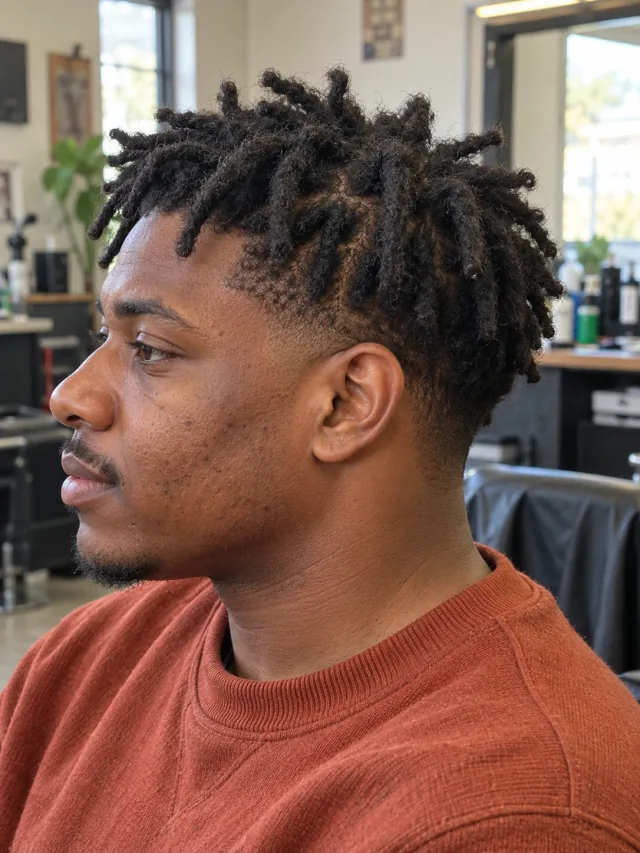 AI haircut concept: low taper with chunky starter locs, left-side angled view.