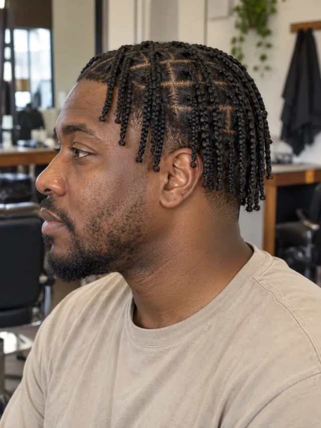 AI haircut concept: low taper with short box braids, left-side angled view.
