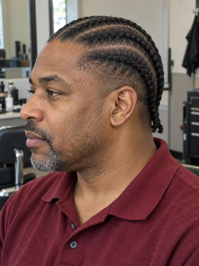 AI haircut concept: low taper with straight-back cornrows, left-side angled view.