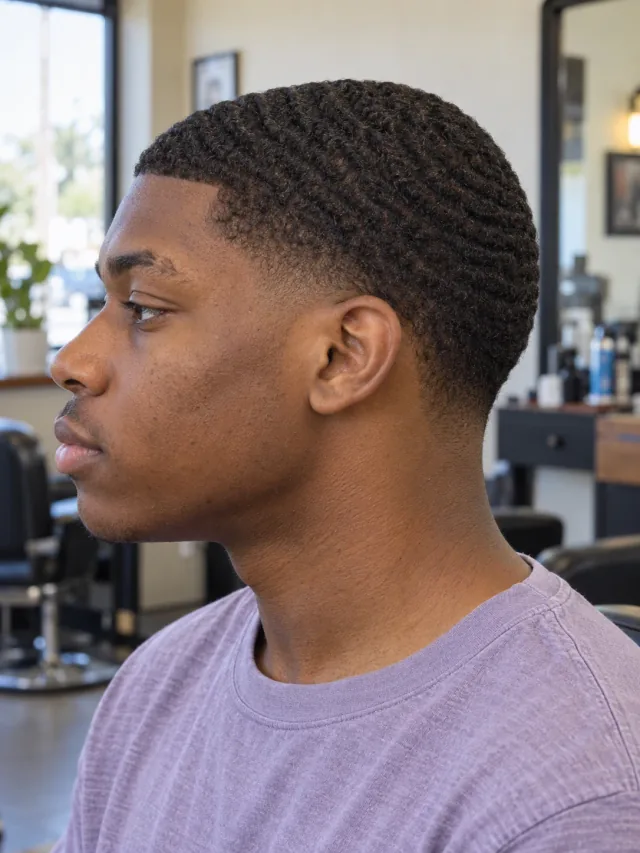 AI haircut concept: low taper with brushed ripple waves, young adult left-side reference.
