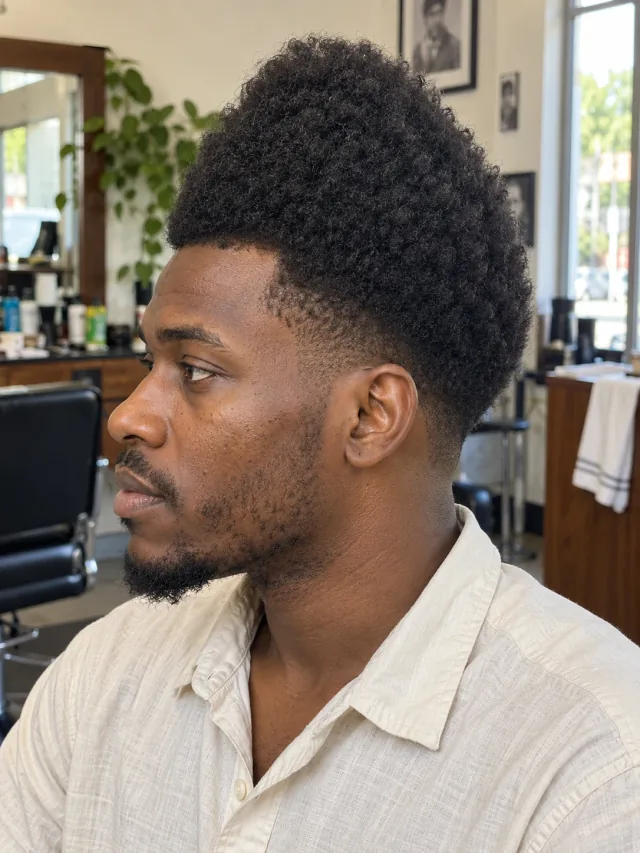 AI haircut concept: high taper with a conical coily top, left-side angled view.