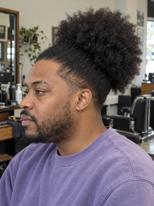 AI haircut concept: low taper with a high afro puff, left-side angled view.