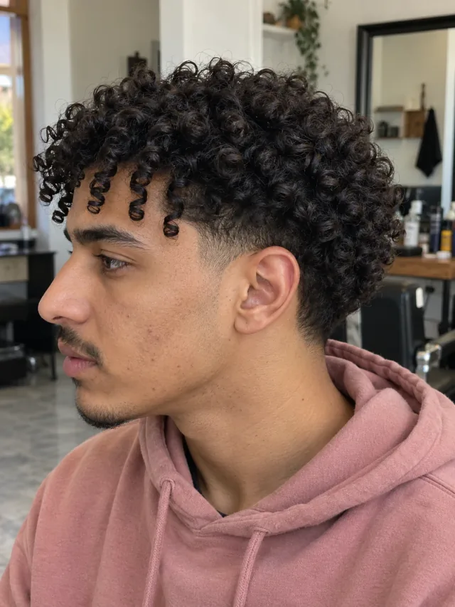 AI haircut concept: low taper with a corkscrew fringe, left-side angled view.