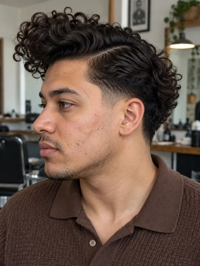 AI haircut concept: low taper with a side-parted curly quiff, left-side angled view.