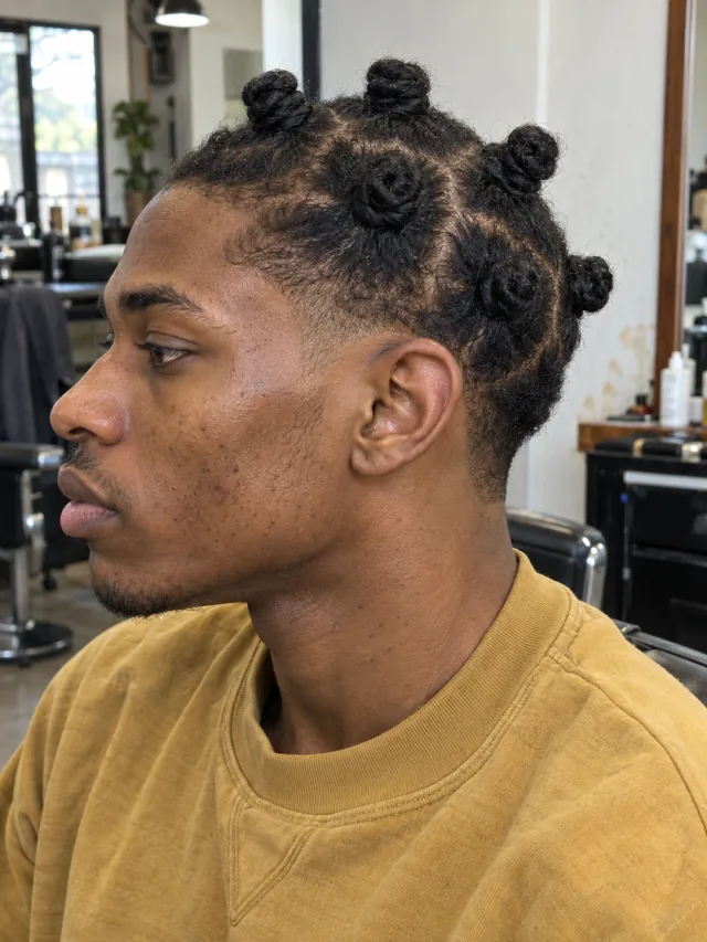 AI haircut concept: low taper with small bantu knots, left-side angled view.