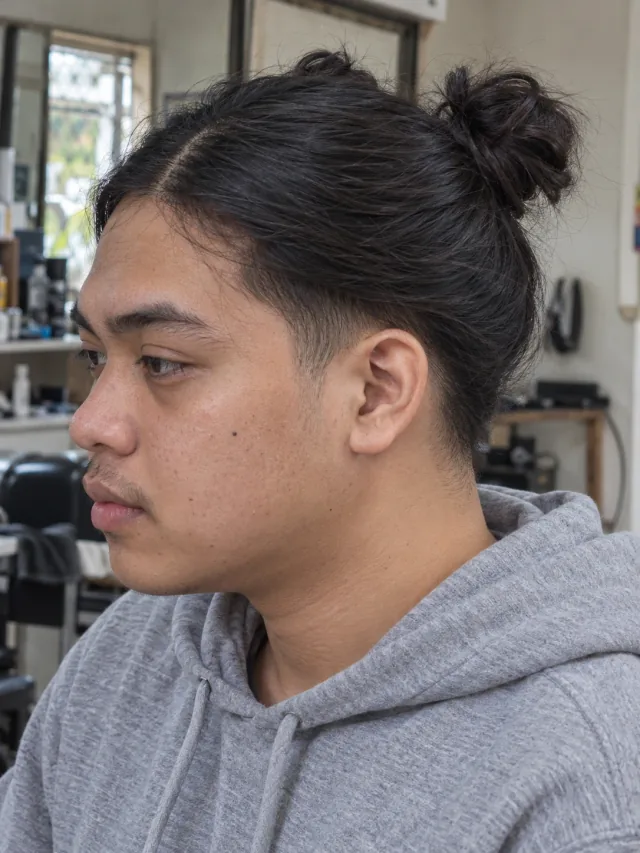 AI haircut concept: low taper with two small buns, left-side angled view.