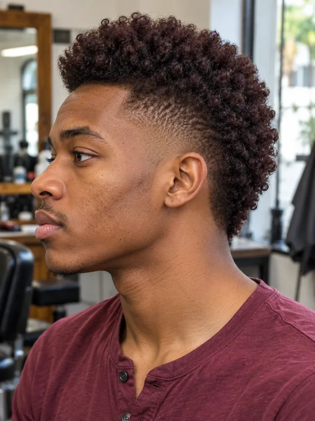 AI haircut concept: mid taper with a soft coily fauxhawk, left-side angled view.