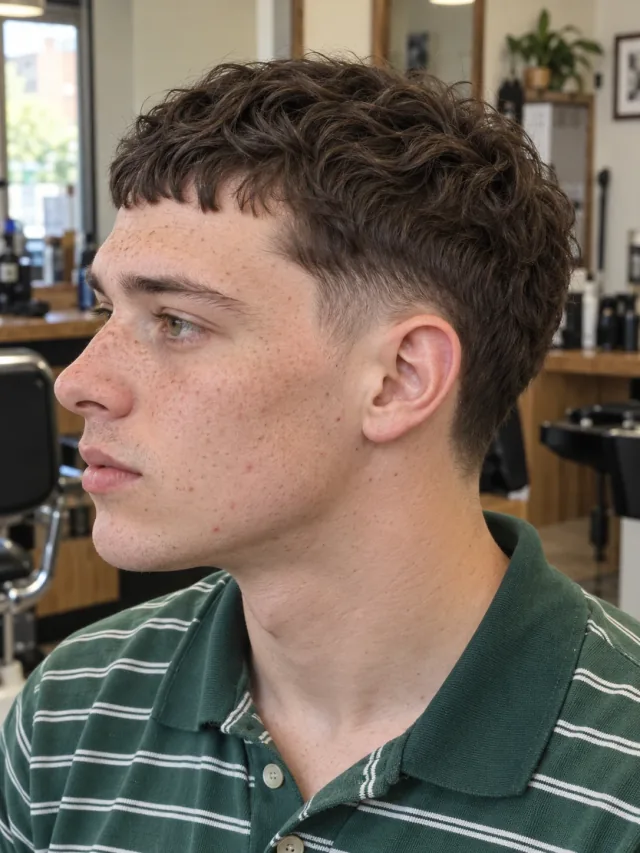 AI haircut concept: high taper with a wavy micro fringe, left-side angled view.
