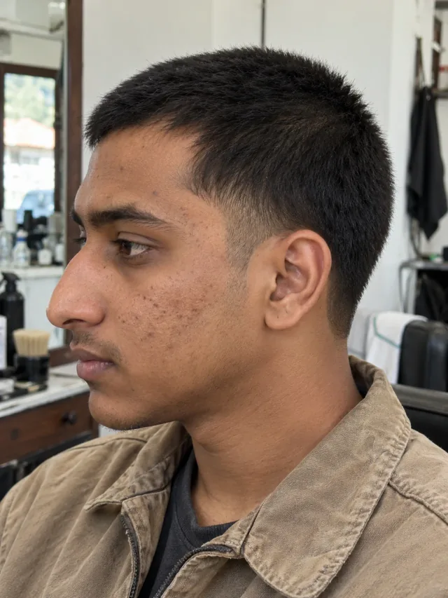 AI haircut concept: low taper with a compact butch cut, left-side angled view.