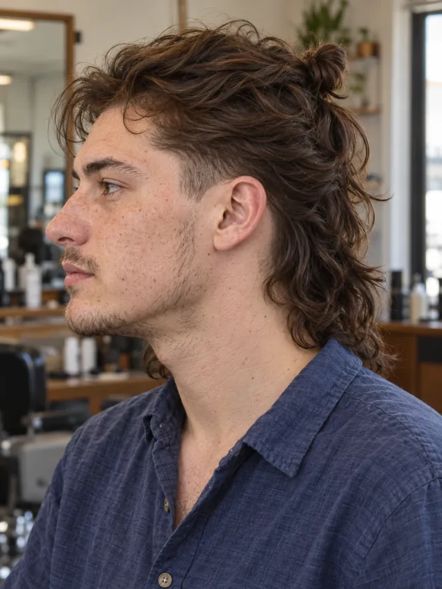 AI haircut concept: low taper with a half-up tied mullet, left-side angled view.