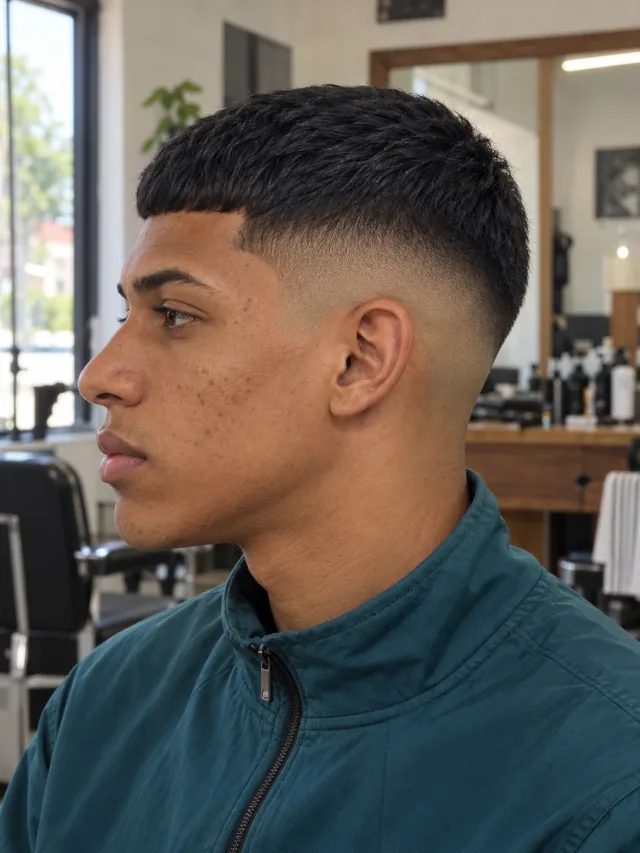 AI haircut concept: high skin fade with a curved caesar fringe, young adult left-side reference.