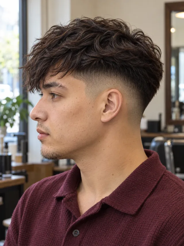 AI haircut concept: low drop fade with a diagonal broken fringe, young adult left-side reference.
