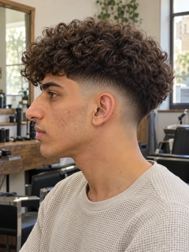 AI haircut concept: mid drop fade with a broad curly canopy, young adult left-side reference.