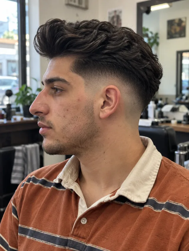 AI concept: high drop fade with a tall rolled pompadour, left-side near-profile view.