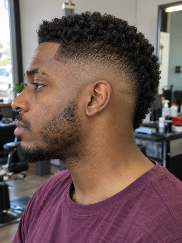 AI concept: burst fade with a compact coily mohawk, left-side near-profile view.