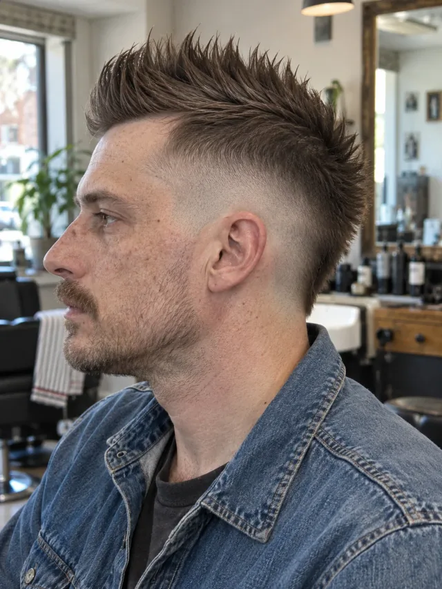 AI concept: burst fade with an upright straight fan hawk, left-side near-profile view.