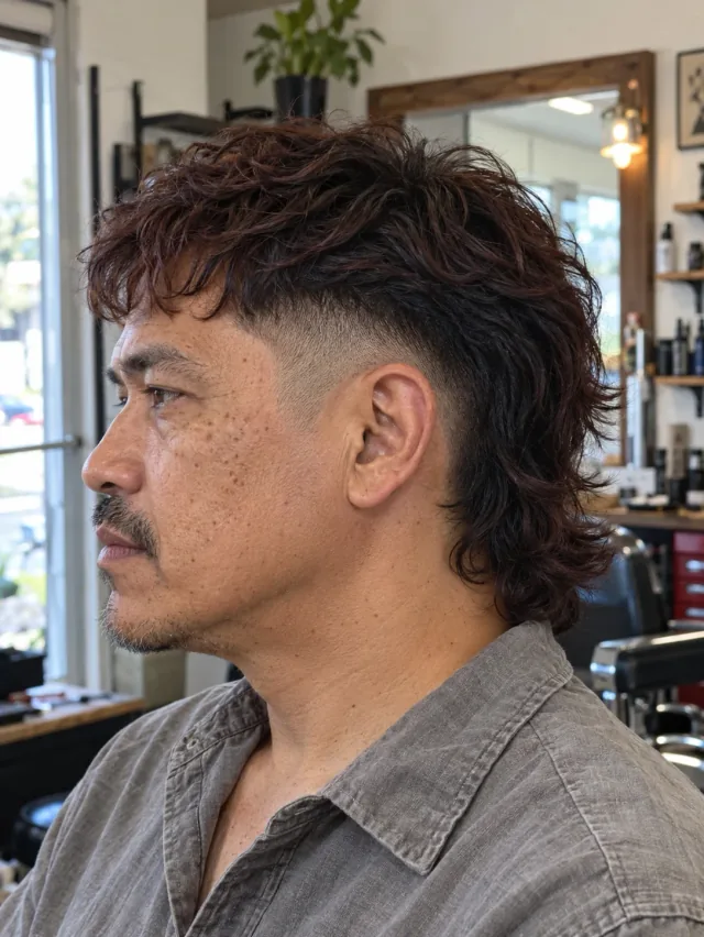 AI concept: low burst fade with a wavy tail mullet, left-side near-profile view.