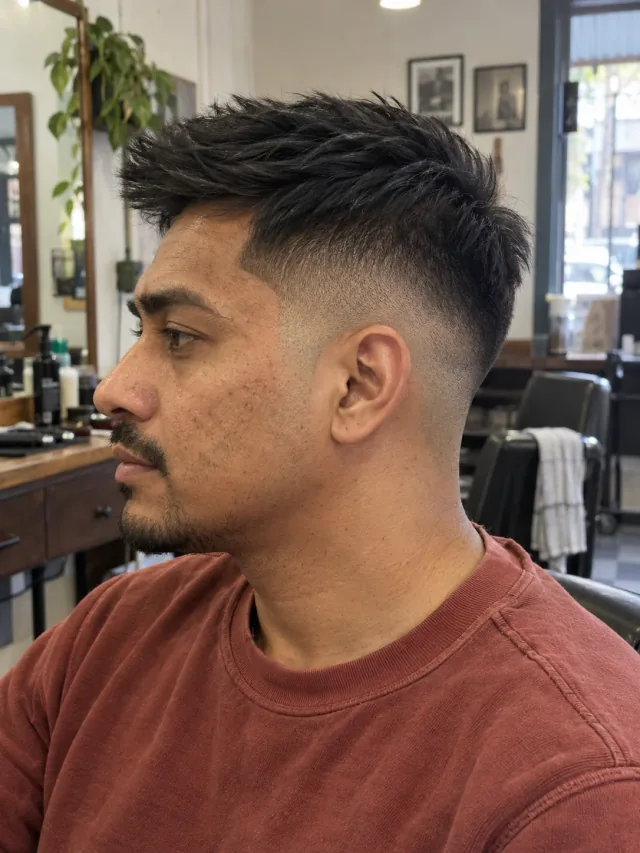AI concept: high shadow fade with a diagonal brush-up, left-side near-profile view.