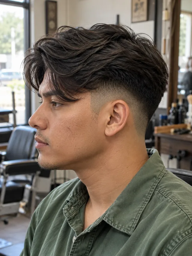 AI concept: low skin fade with a long curved side fringe, left-side near-profile view.