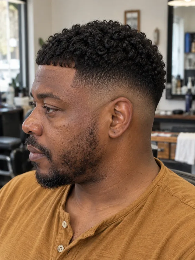 AI concept: mid drop fade with a short curly french crop, left-side near-profile view.