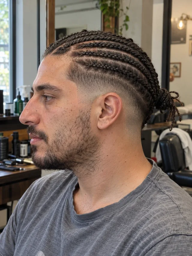 AI concept: low burst fade with tied microbraids, left-side near-profile view.
