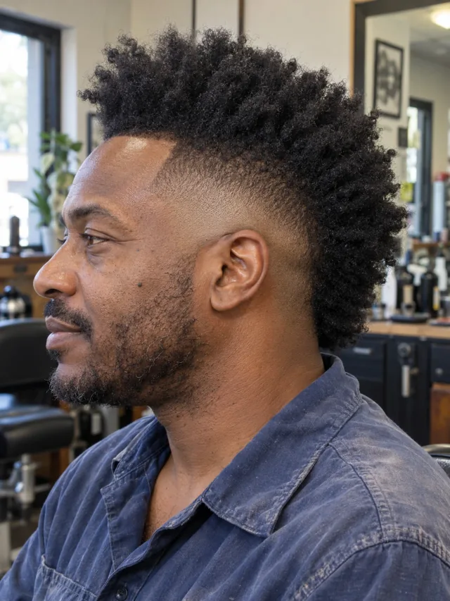 AI concept: mid burst fade with a long afrohawk, left-side near-profile view.