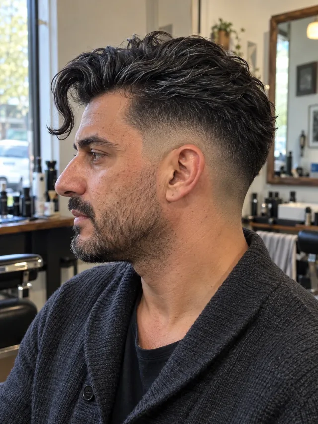 AI concept: high drop fade with an elephant-trunk wave, left-side near-profile view.