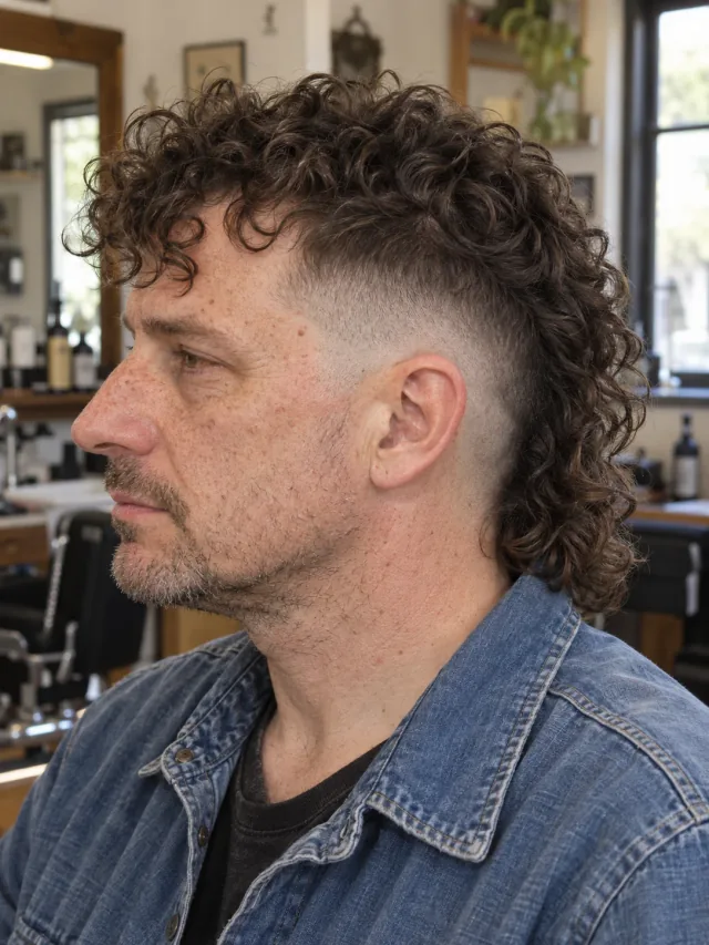 AI concept: mid burst fade with a corkscrew mullet, left-side near-profile view.