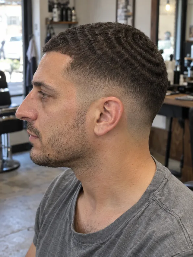 AI concept: low shadow fade with a cropped wave pattern, left-side near-profile view.