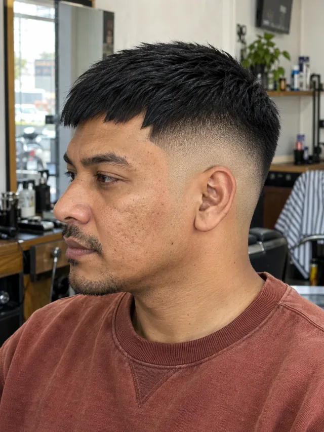 AI concept: high shadow fade with a jagged asymmetric fringe, left-side near-profile view.
