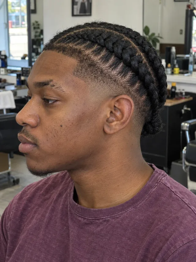 AI concept: mid burst fade with broad cornrows, left-side angled view.